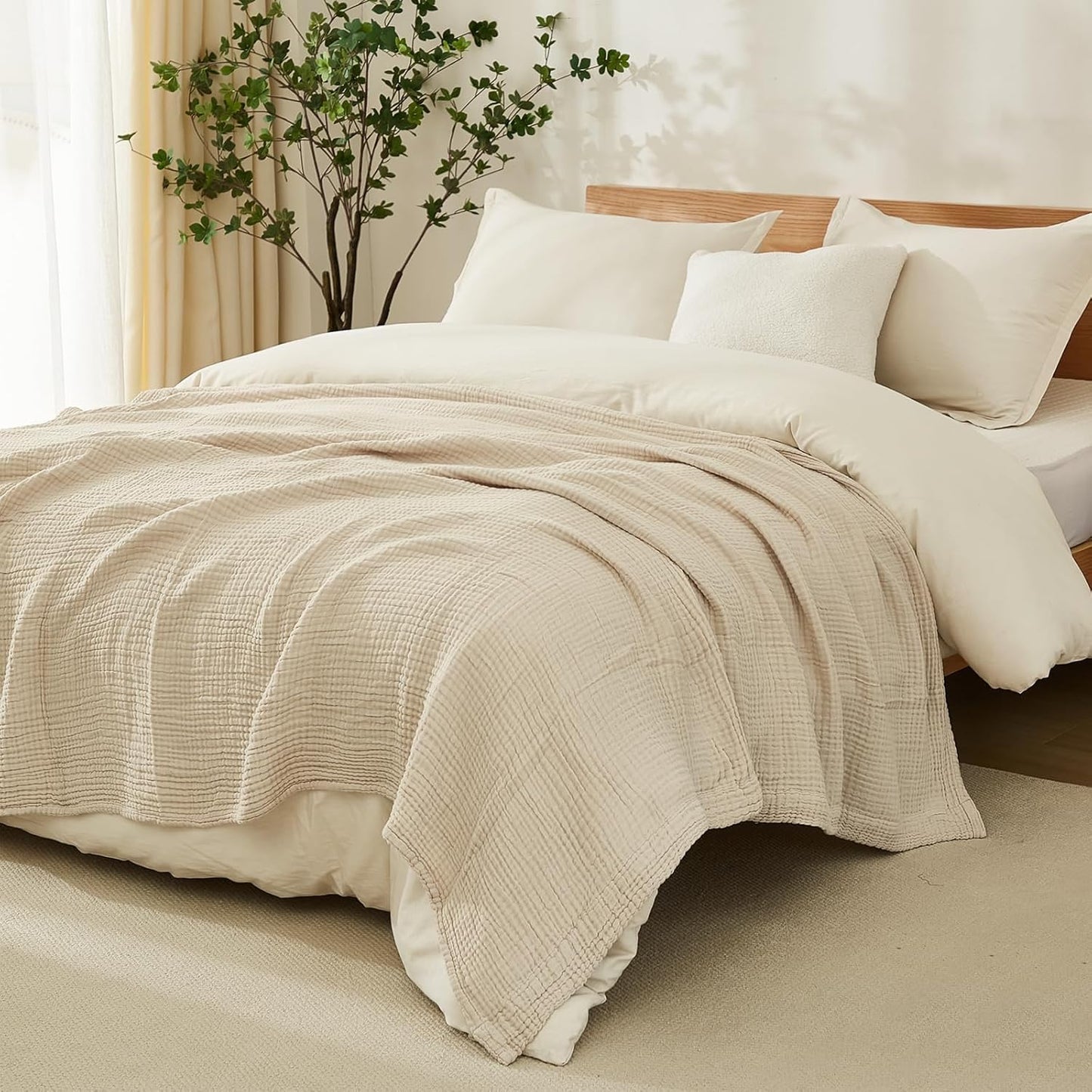 EMME Cotton Throw Blanket Large 4-Layer Gifts for Women 100% Muslin for Couch Breathable Gauze All Season Beige Soft and Lightweight Pre-Washed