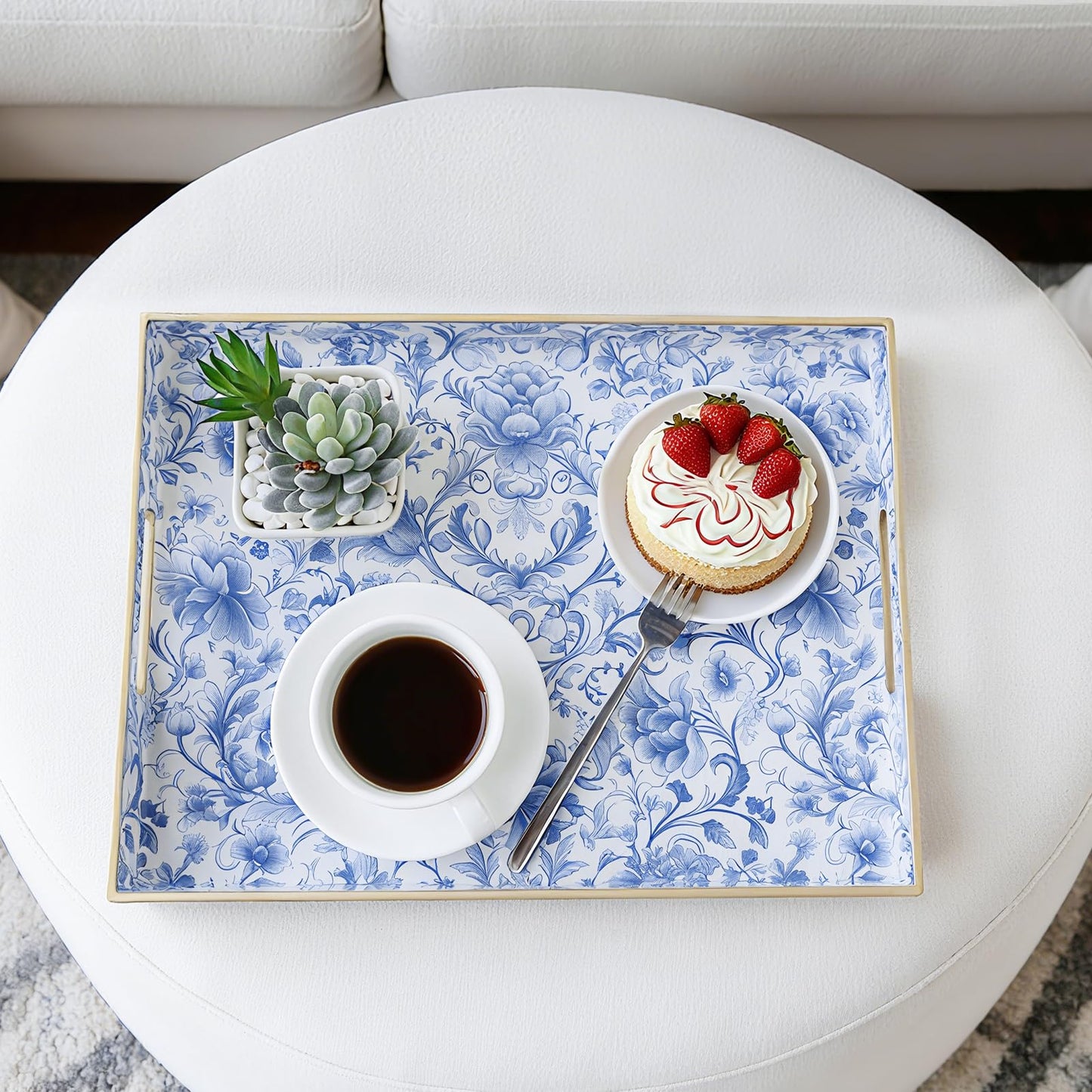 ORIGTRAY Serving Tray with Handles, Rectangular Plastic Tray 15.75x11.81 Inch, Blue and White Peony Chinese Porcelain Style Decorative Tray for Kitchen, Dining Table, Vanity, Office & Home