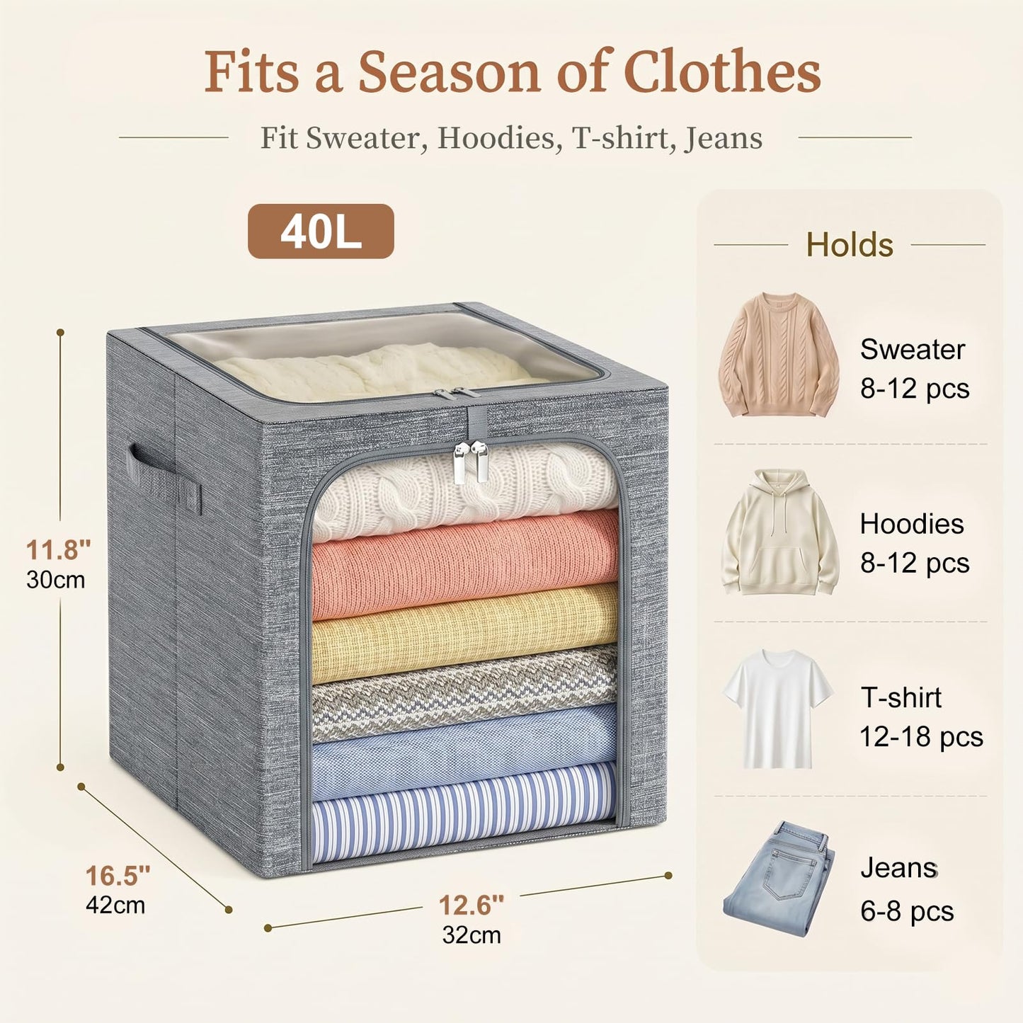 GoMaihe Clothes Storage Bin with Metal Frame: 6-Pack Stackable Closet Storage Bin with Lid & Clear Window, Sweater Boxes Storage for Closet Bedding Clothing Storage Organizer 40L