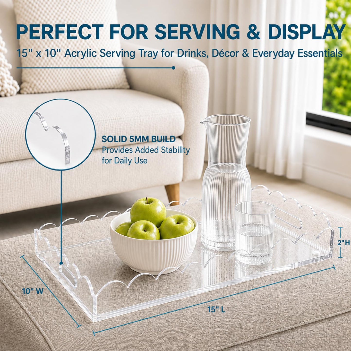 DUNPUTE Scalloped Clear Acrylic Tray with Handles, 15 x 10 Inch Decorative Serving Tray for Coffee Table, Ottoman and Vanity, Perfume Tray for Bathroom Vanity, Kitchen Counter and Home Decor