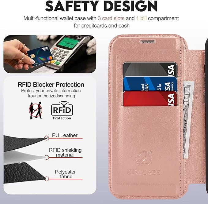 CIVICASE for iPhone 14 Pro Max Wallet Case with Stand,PU Leather Flip Credit Card Holder Slots (RFID Blocking),Compatible with Magsafe Magnetic Holder Phone Cover Women Men,Rose Gold