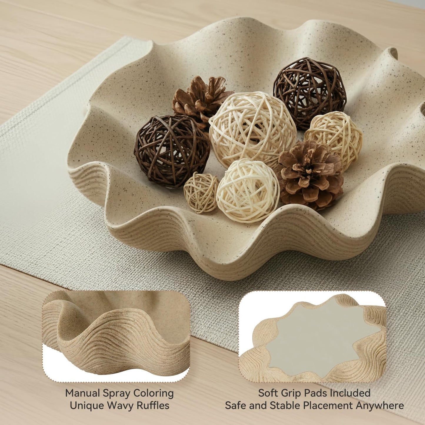 KEWOOL Scalloped Decorative Bowl Home Decor - 12.6" Modern Handicraft Large Shell Ruffle Decorative Fruit Bowl for Kitchen Counter, Chic Key Tray for Entryway Table, Artificial Stone Beige