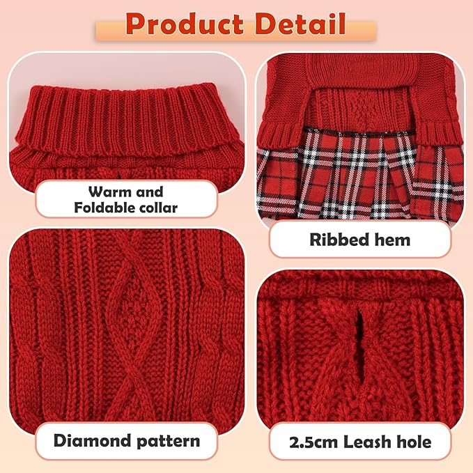 YUDODO 2 Pack Small Dog Sweater Dress with Bowtie Turtleneck - Knitted Pet Girl Dog Winter Clothes - Pet Warm Sweater for Puppy Yorkies, Chihuahua (L Red+Grey)
