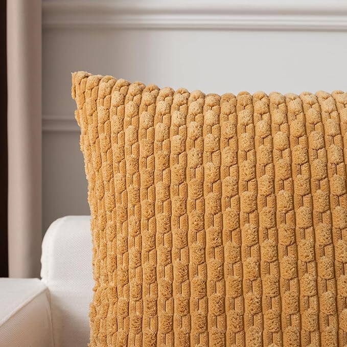 Kevin Textile Throw Pillow Covers Soft Corduroy Decorative Set of 2 Boho Striped Pillow Covers Pillowcases Farmhouse Home Decor for Couch Bed Sofa Living Room 16x16 Inch Gold