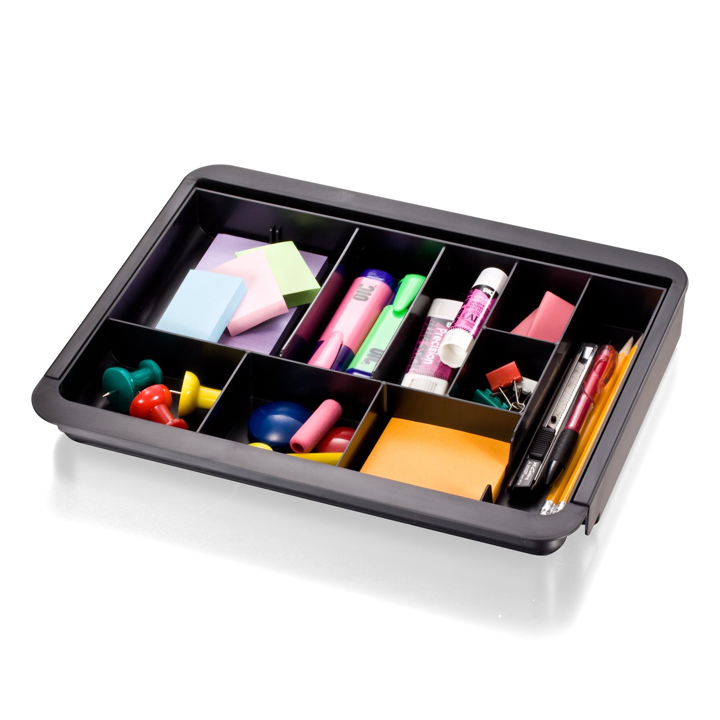 Officemate Expandable Drawer Organizer Tray, Adjustable 10.3"–16" Width, Customizable Compartments with Dividers, Recycled Plastic, Black