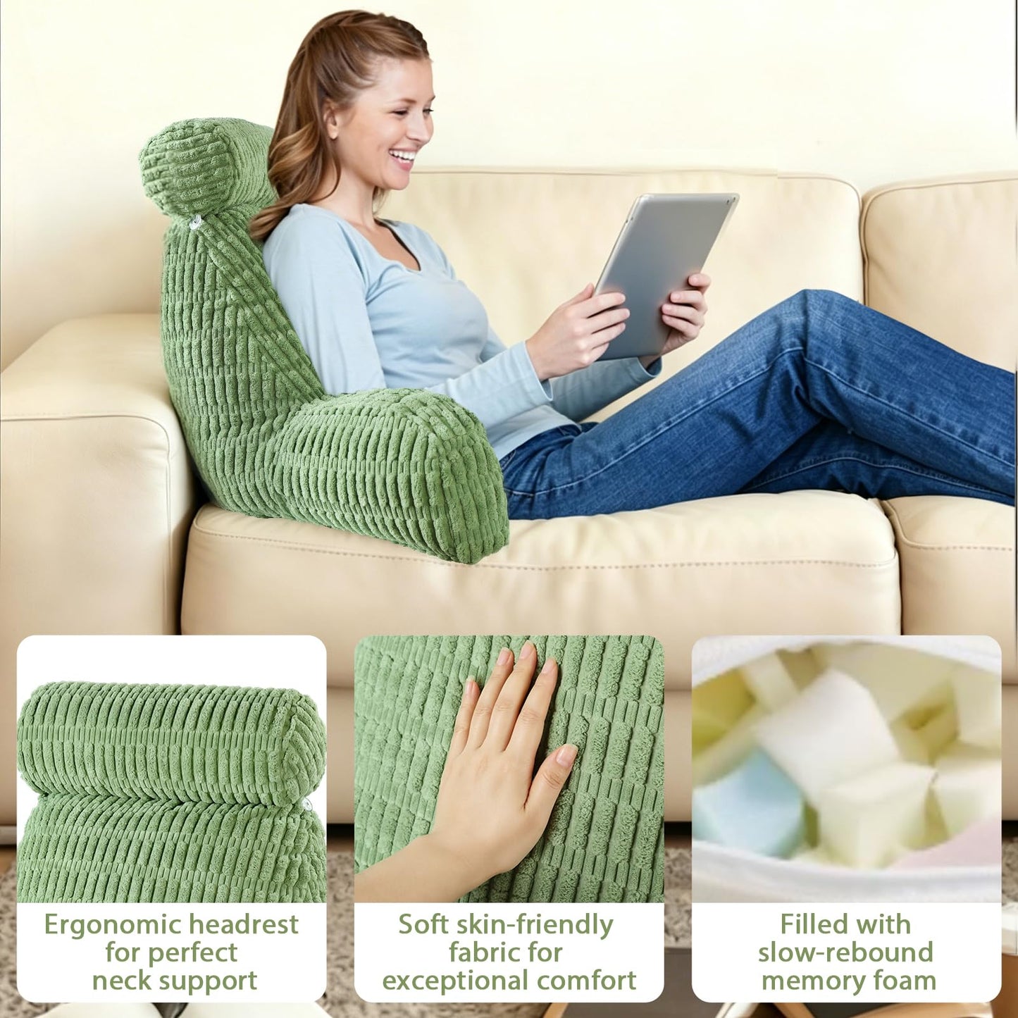 Reading Pillow for Bed, Back Rest Bed Pillow for Sitting Up with A Cylindrical Pillow and Lumbar Pillow, Back Support Pillows for Bed Sitting Up, Upright Husband Pillows for Adults & Children(18 Inch)