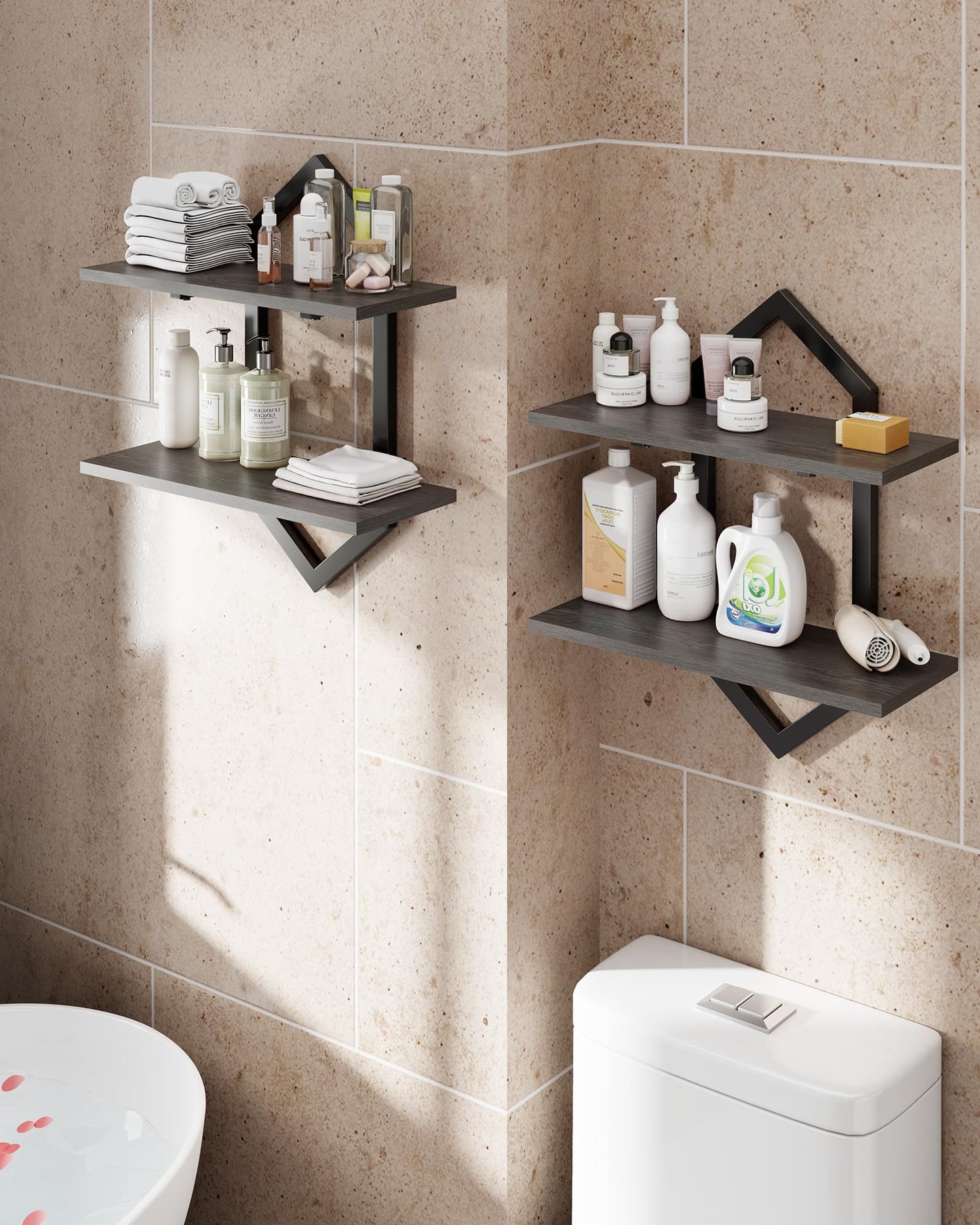 Forjarn Floating Shelves, Set of 2 Wall Shelf, Wall Mounted Decorative Shelves, 2-Tier Modern Geometric Hanging Storage Shelf for Living Room, Bedroom, Kitchen, Office, Study (Greige + Black)
