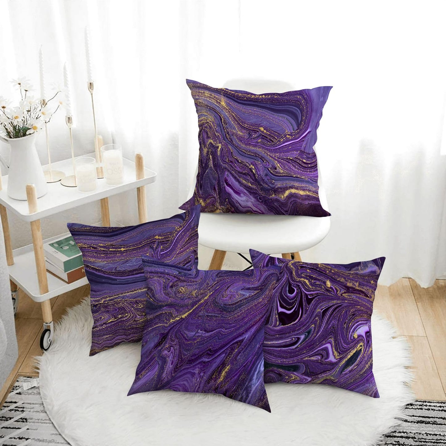 Bapcoku Purple Gold Marble Pillow Covers Set of 4 Purple Decorative Throw Pillow Cases for Sofa Couch Bed Chair Living Room Decor Abstract Cushion Covers 18"x18"