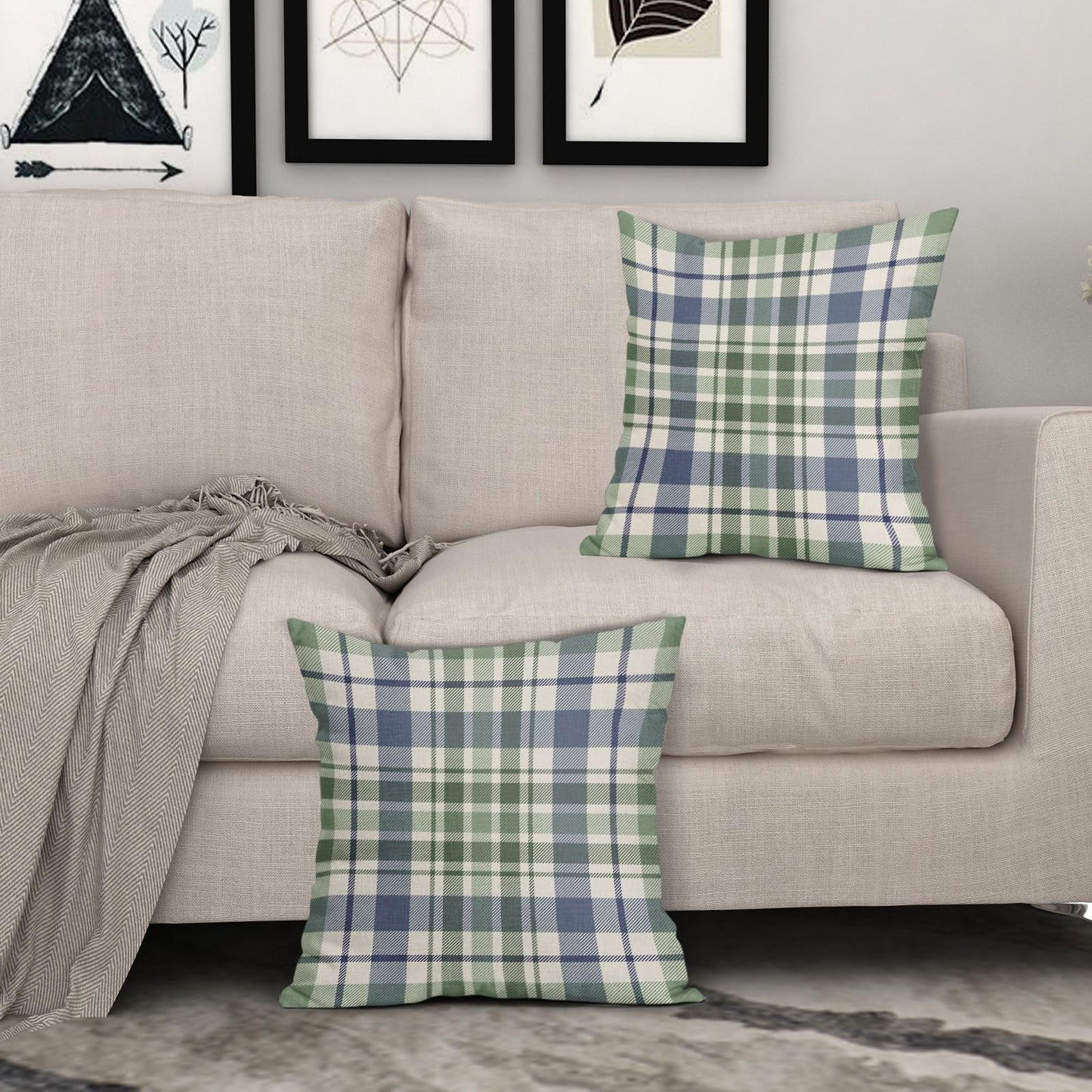 Aytipun Blue Sage Green Spring Plaid Pillow Covers 18x18 Set of 2 Seasonal Tartan Buffalo Plaid Holiday Print Decorative Outdoor Pillowcases Farmhouse Summer Throw Cushion Case Couch Sofa Bed Decor