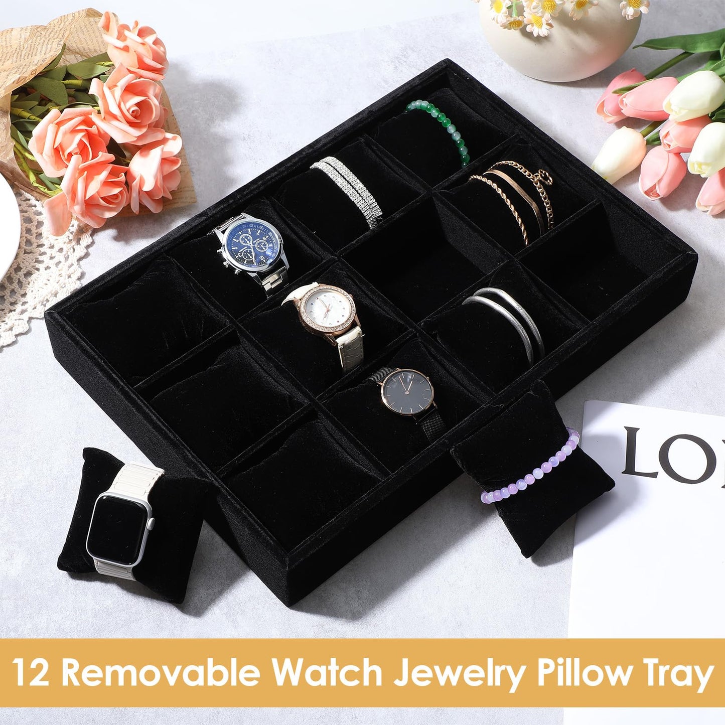 Tobeelec 2 Pcs Velvet Watch Tray Jewelry Organizer, 12 Grid Stackable Velvet Watch Tray, Watch Display Velvet Tray Watch Bracelet Bangle Display Holder Adjustable Pillow