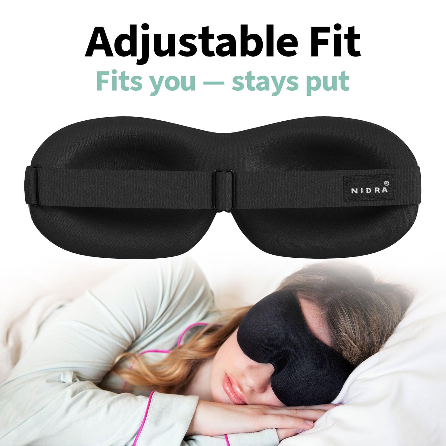 Nidra Contoured Sleep Mask for Side Sleepers – Zero Pressure Fit, Light Blocking Eye Shade for Sleeping & Travel – Black, Standard Size