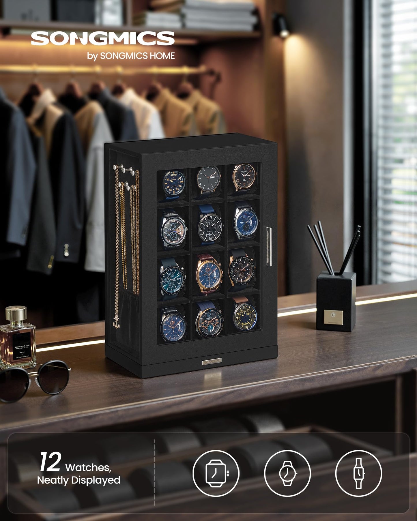 SONGMICS Watch Box 12 Slots with Glass Windows, 360° Rotating Vertical Watch Display Case, Jewelry Sunglasses Ring Storage, 10 Necklace Hooks, Removable Pillows, Velvet Lining, Ink Black UJWB028B01