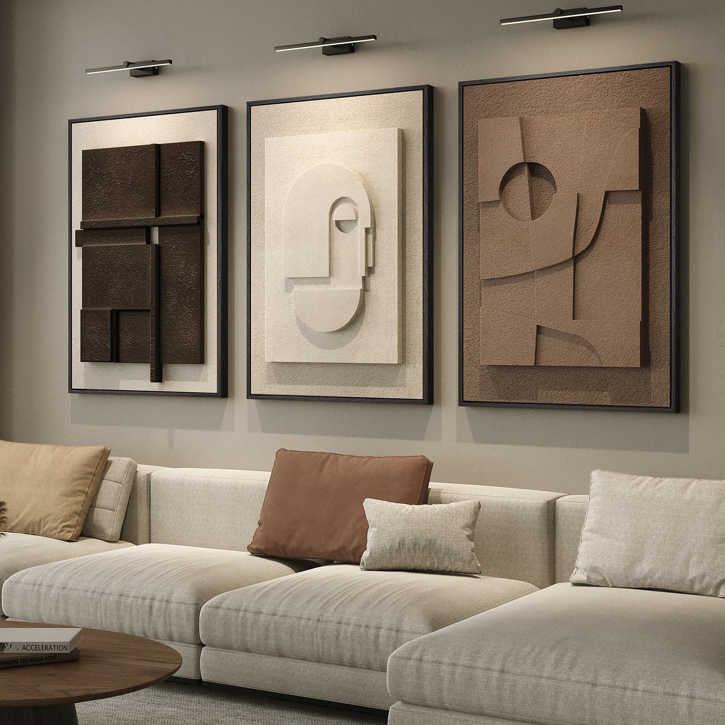 Large 3D Textured Framed Abstract Wall Art for Living Room, 3 Piece Modern Paintings Artwork for Walls, Black White Brown Geometric Sandstone Texture Pictures for Hallway Office Home Decor 24x36 In