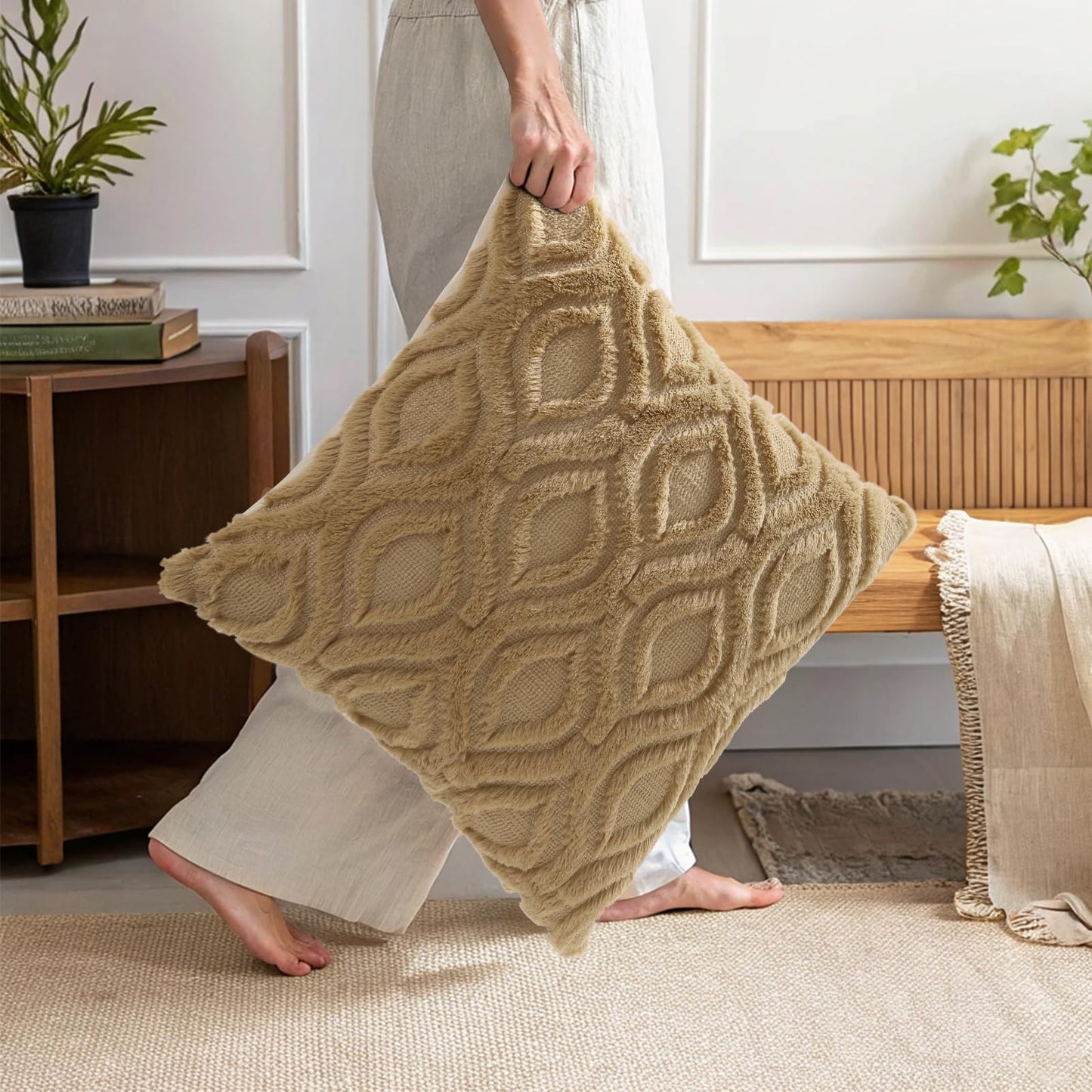 decorUhome Throw Pillow Covers 20x20 Inch Set of 2, Soft Plush Faux Wool Light Brown Khaki Solid Couch Pillow Covers, Accent Farmhouse Neutral Square Pillow Cases for Sofa Bed Living Room