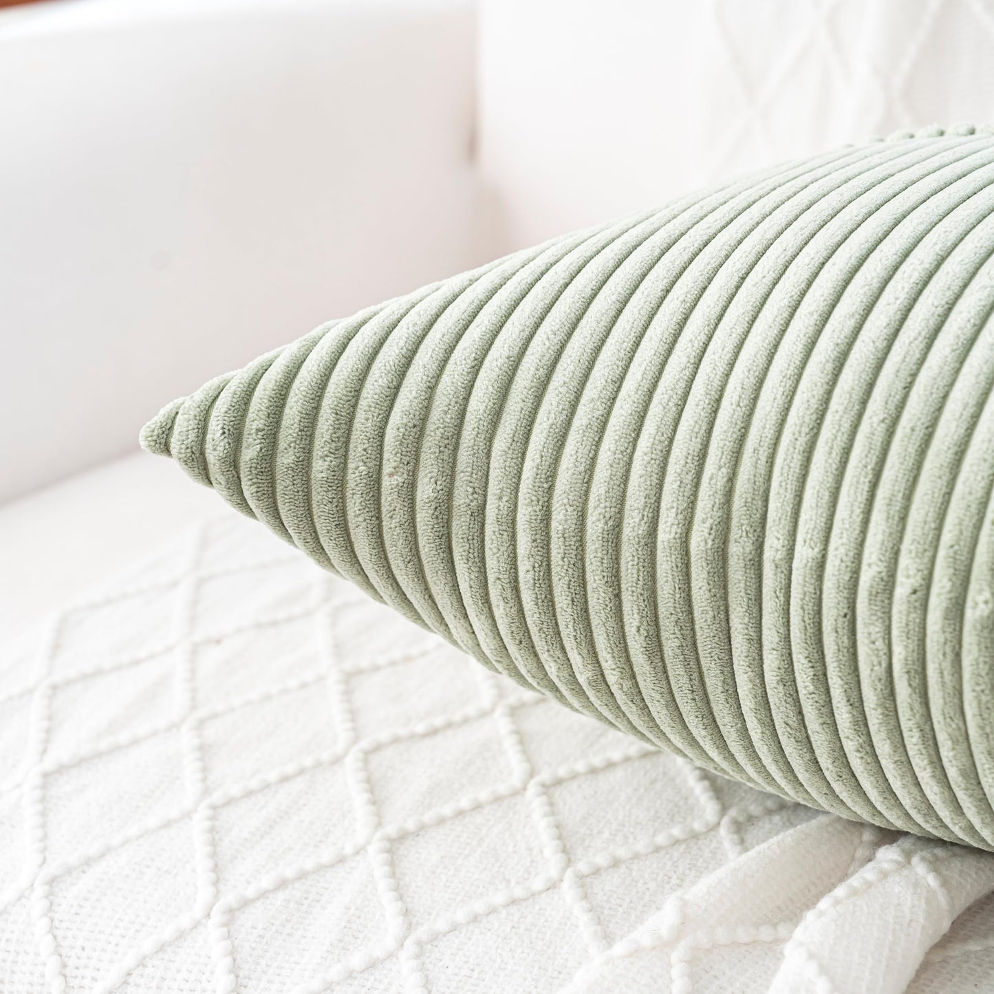 RDQRDQ Decorative Throw Pillow Covers Set of 2 ，Rustic Farmhouse Boho Home Decor, Soft Plush Striped Corduroy Square Cushion Case 18"x18"Sagegreen