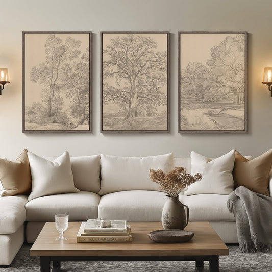 Large Vintage Framed Neutral Landscape Wall Art for Living Rooms, 3 Piece Retro Big Tree Sketch Botanical Forest Antique Canvas Artwork Set, Rustic Nature Wabi Sabi Art Prints for Hallway Home Office 24x36 Inch