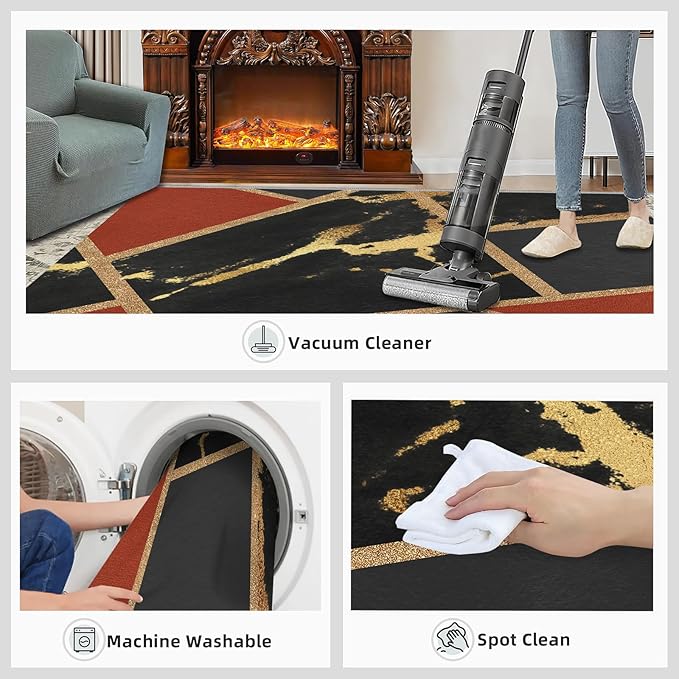 Black Gold Marble Area Rug Modern Abstract Marble Rug Polygonal Geometric Patchwork Carpet 3D Light Luxury Geometric Line Carpet for Living Room Playroom 4x5ft