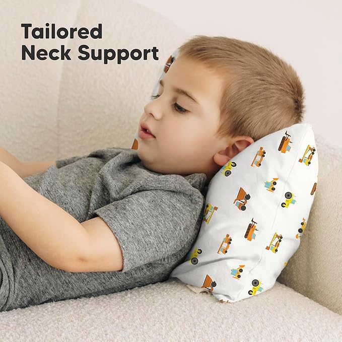 Toddler Pillow with Pillowcase - 10x18 My Little Dreamy Kids Travel Bed Pillows for Sleeping, Organic Cotton Small Pillowcase, Soft & Breathable, Machine Washable,Toddlers 2-5 Years Old(Construction)