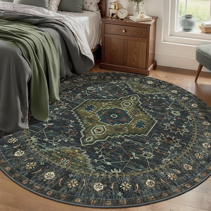 Tangsoo Green Round Rugs 5ft, Washable Circle Rug, Non Slip Boho Round Area Rug, Vintage Low Pile Circular Rugs, Round Carpet for Bedroom Living Room Nursery Dorm Office Olive Green