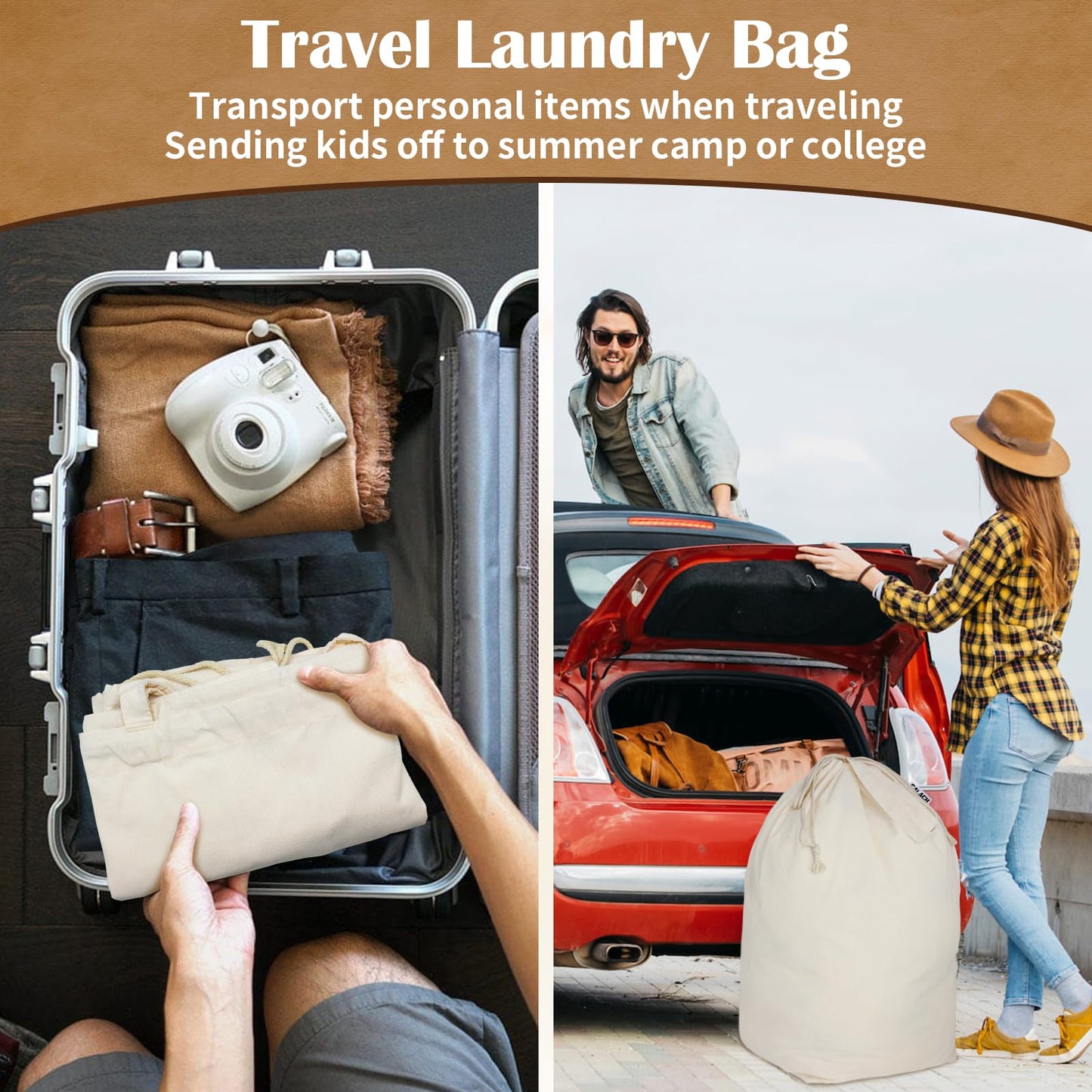 CALACH Canvas Laundry Bags with Handles & Square Base 13.8"Wx13.8"Dx27.6"H, Large Heavy Duty Laundry Hamper Bag, College Dorm Washable Drawstring Canvas Dirty Clothes Sack (Beige,1 Pack)