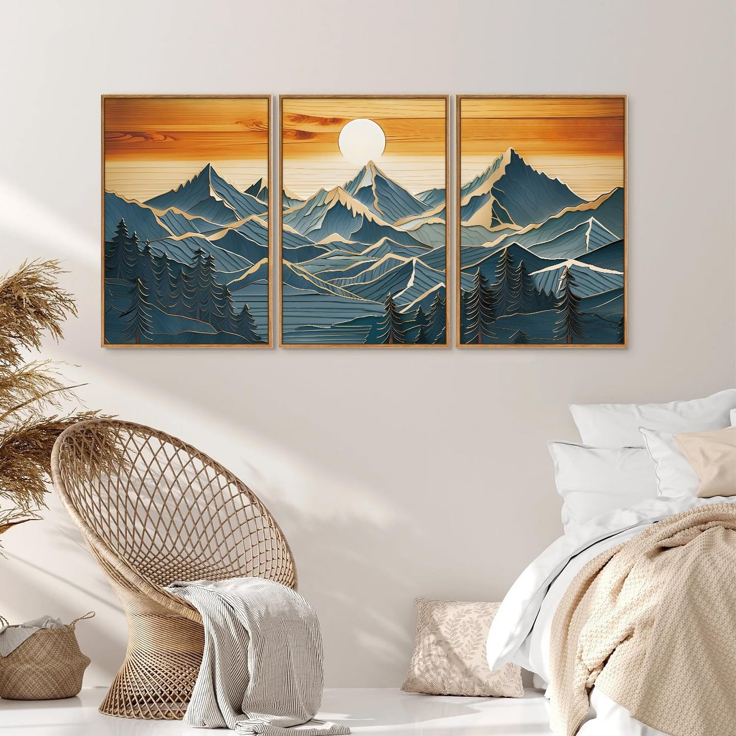Tinonedraw Large Mountains Framed Canvas Wall Art Set of 3, Boho Nature Woodcut Forest Art Prints, Mid Century Modern Wall Decor, Sunset Landscape Art Paintings for Living Room Bedroom Office 24"x36"