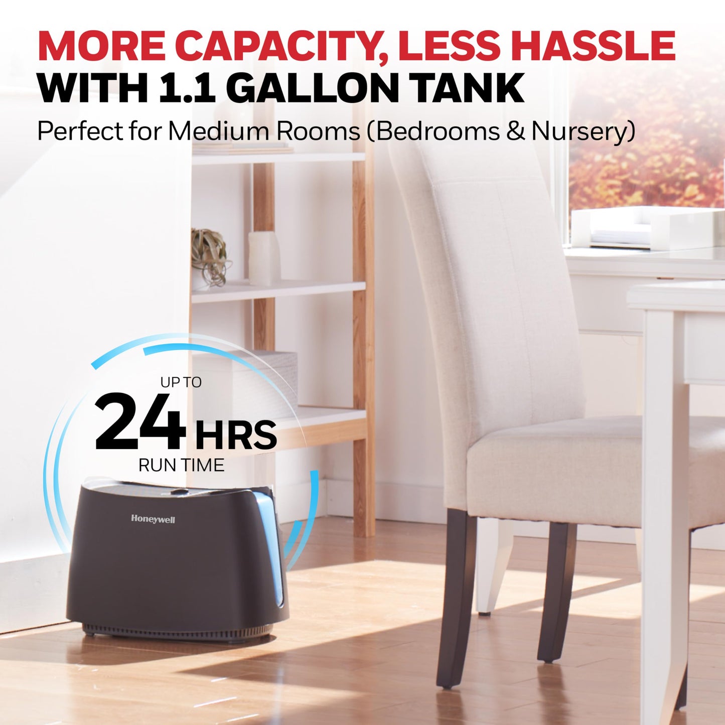 Honeywell Cool Moisture Humidifiers for Bedroom, Medium Rooms, 1.1 Gallon, Invisible Moisture Humidifier for Baby, Kids, Quiet, Easy to Clean, UV Technology, Black, HCM350B