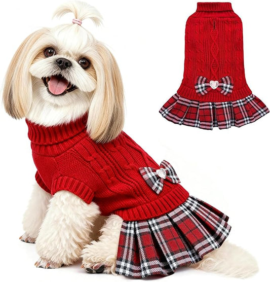 YUDODO Small Dog Sweater Dress with Bowtie Turtleneck - Knitted Pet Girl Dog Winter Clothes - Pet Warm Sweater for Puppy Yorkies, Chihuahua (XL Red)