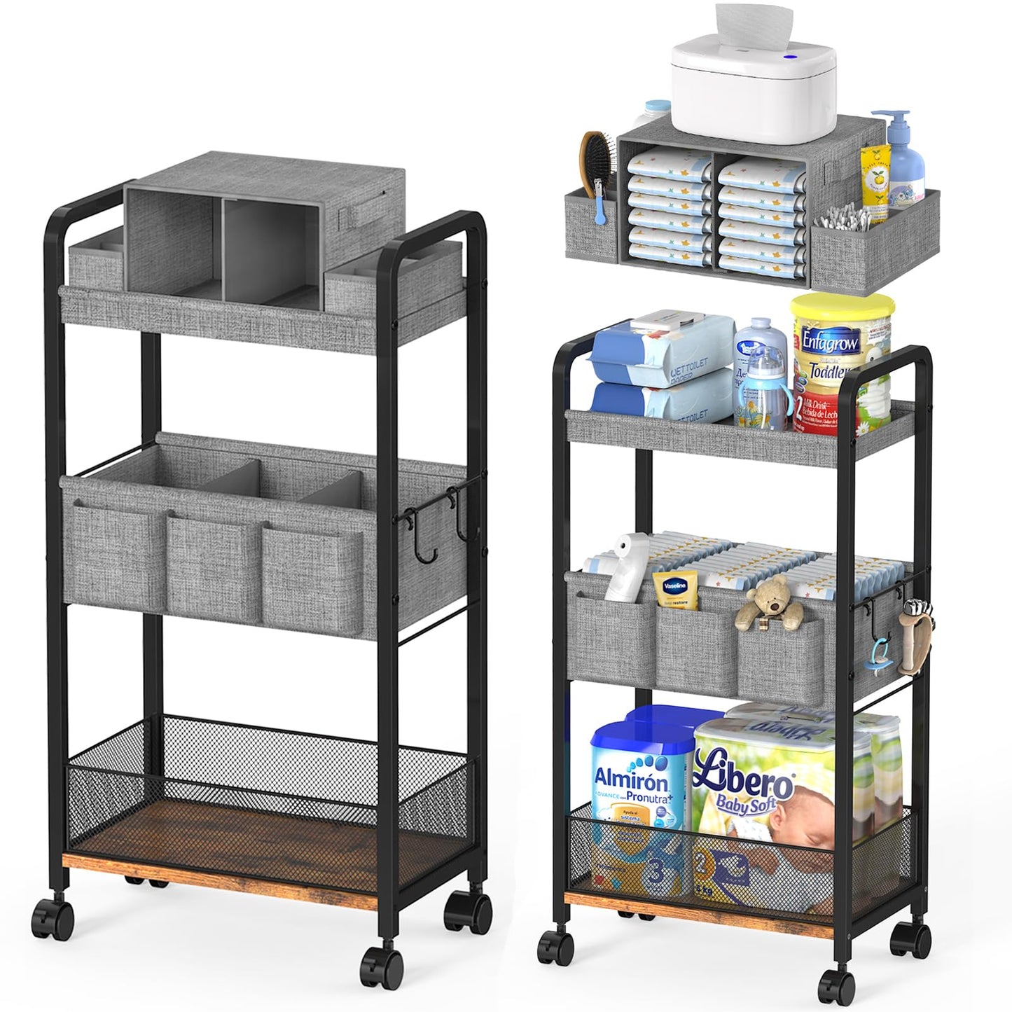 2In1 Baby Diaper Caddy & 3-Tier Rolling Diaper Cart, Caddy Organizer Cart with Dividers, Mobile Metal Bedside Carts for Baby Essentials, Rolling Carts for Newborn Nursery with Wheels, Large Capacity