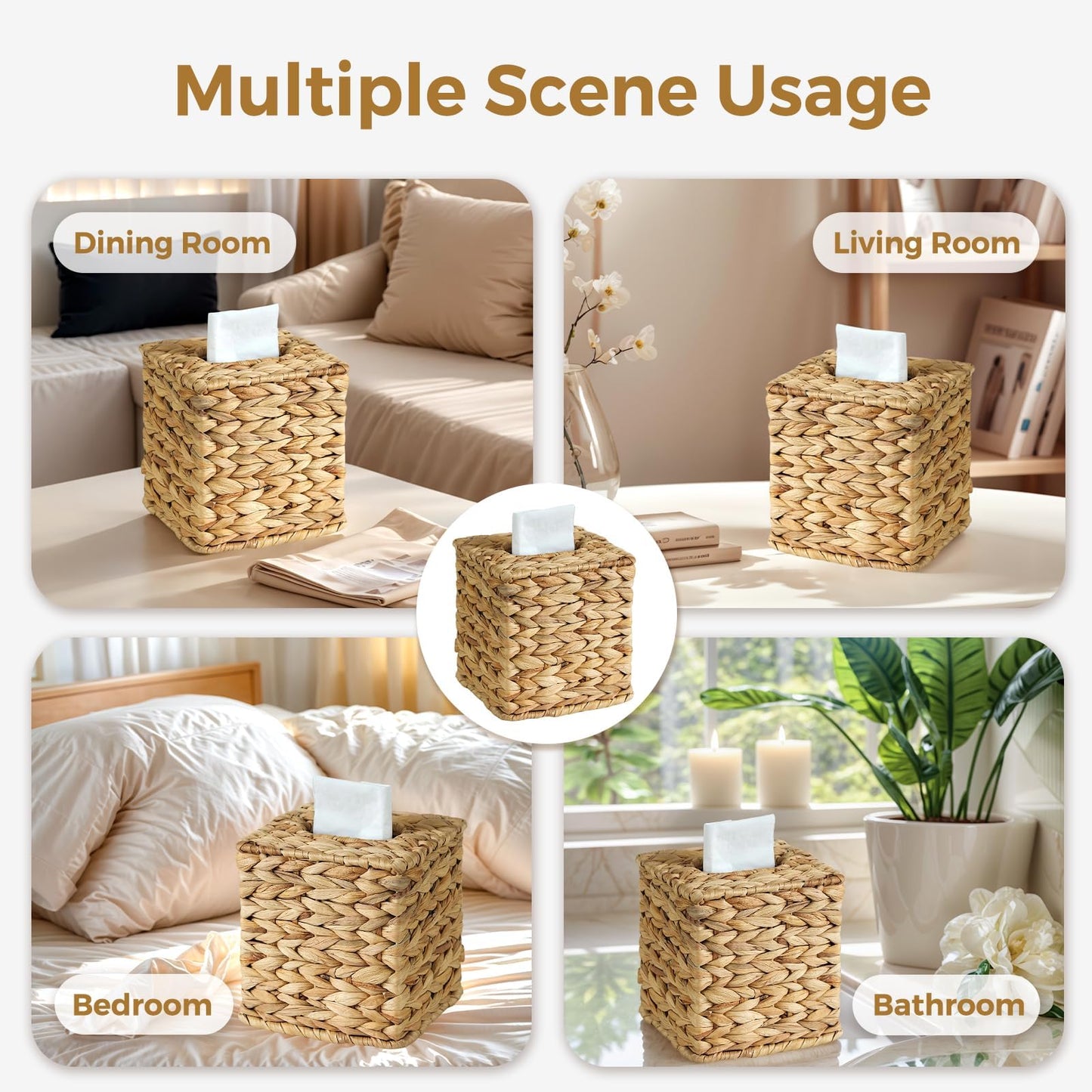 KALEKAIL Wicker Tissue Box Cover, Rattan Tissue Box Holder Square, Boho Decorative Woven Water Hyacinth Cube Tissue Holders for Bathroom Living Room Kitchen