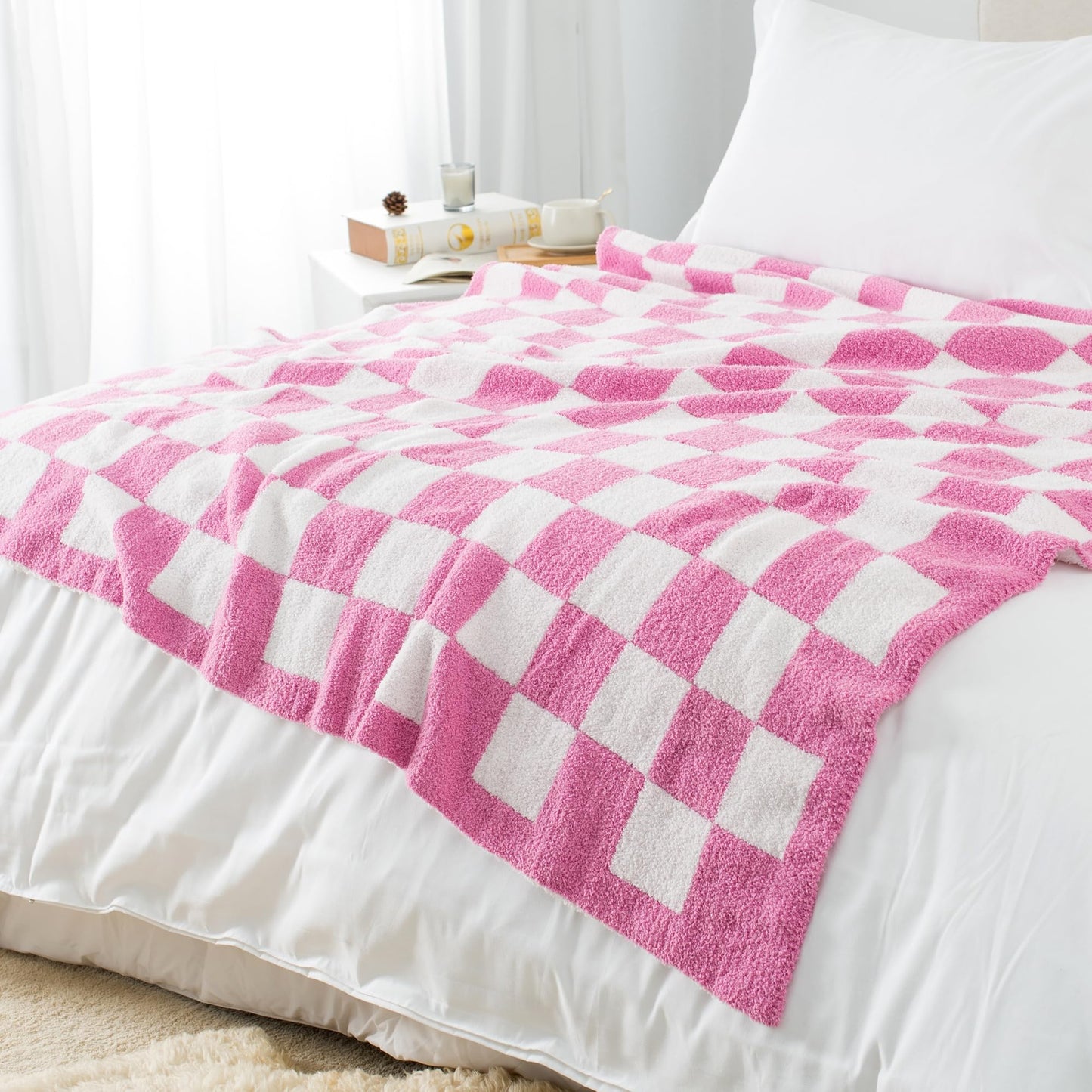 Carriediosa Checkered Throw Blanket 60" X 80" Twin, 400GSM Ultra Soft Microfiber Fuzzy Fluffy Reversible Cute Preppy Knitted Blankets Cozy Plush Fall Throws for Couch, Bed, Sofa, Hot Pink