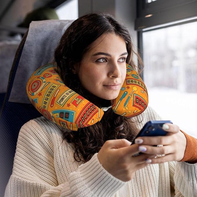 Unique Travel U Shaped Pillows Cartoon Pinball Orange for Airplanes Car Flight, Comfortable Chin Head Neck Cushion Supporting, Polyester Removable Cover