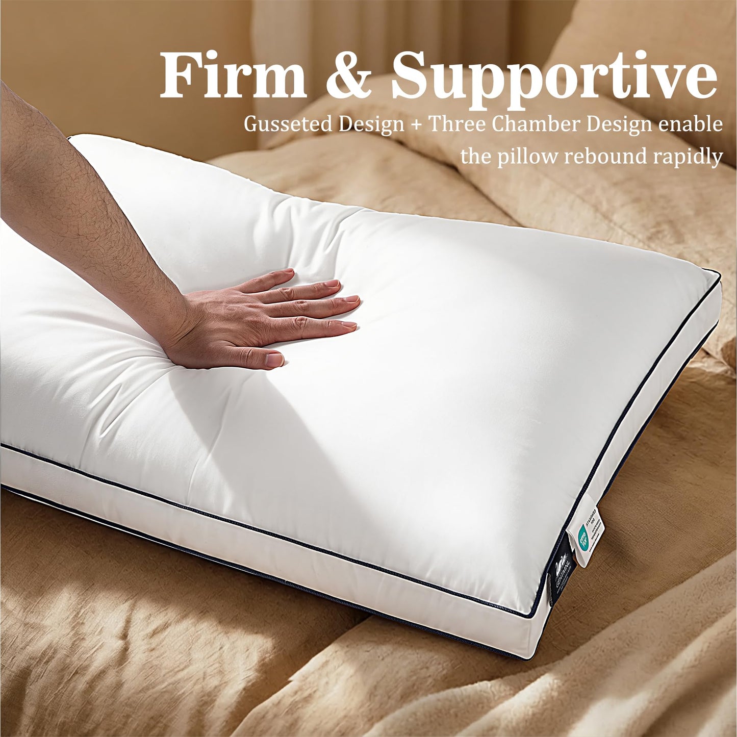 Gehtmnl Goose Down Pillows Queen Size Set of 2, Luxury Hotel Collection, 3-Chamber Gusseted Design, 100% Cotton Cover, Fluffy Yet Supportive for Side & Back Sleepers, Neck & Shoulder Support