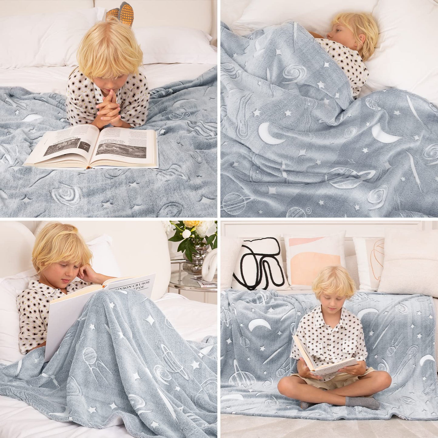 Inhand Glow in the Dark Stars Blanket for Girls Boys Cute Kids Throw Blanket Funny Space Blanket Room Decor Toys Birthday Gifts for 2 3 4 5 6 7 8 9 10 11 12 13 Years Old Girls or Boys (50''x60'' Grey)