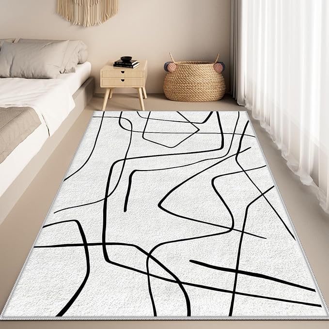 Black and White Rug - Abstract Area Rug, Black and White Rugs for Living Room, Modern Minimalist Washable Rugs, Contemporary Carpet Non Slip Home Decor, Curve 6x9
