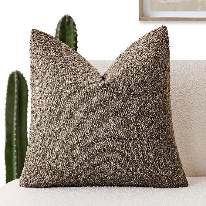 Foindtower Decorative Textured Boucle Throw Pillow Covers Accent Solid Pillow Cases Neutral Soft Cozy Couch Cushion Case for Chair Sofa Bedroom Living Room Home Decor 18x18 Inch,1PC,Light Brown