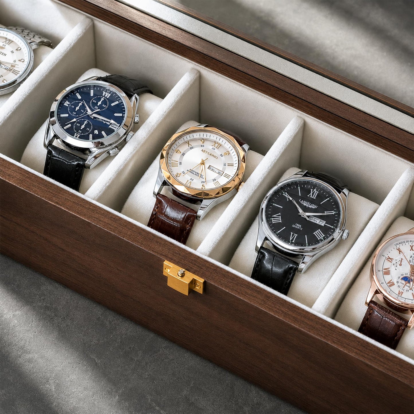 Solid Black Walnut Watch Box, 6 Slot Wooden Watch Organizer with Glass Lid, High-End Watch Display Case Jewelry Storage Box, Gift for Husband, Dad, Birthday, Anniversary, Father’s Day, Men and Women