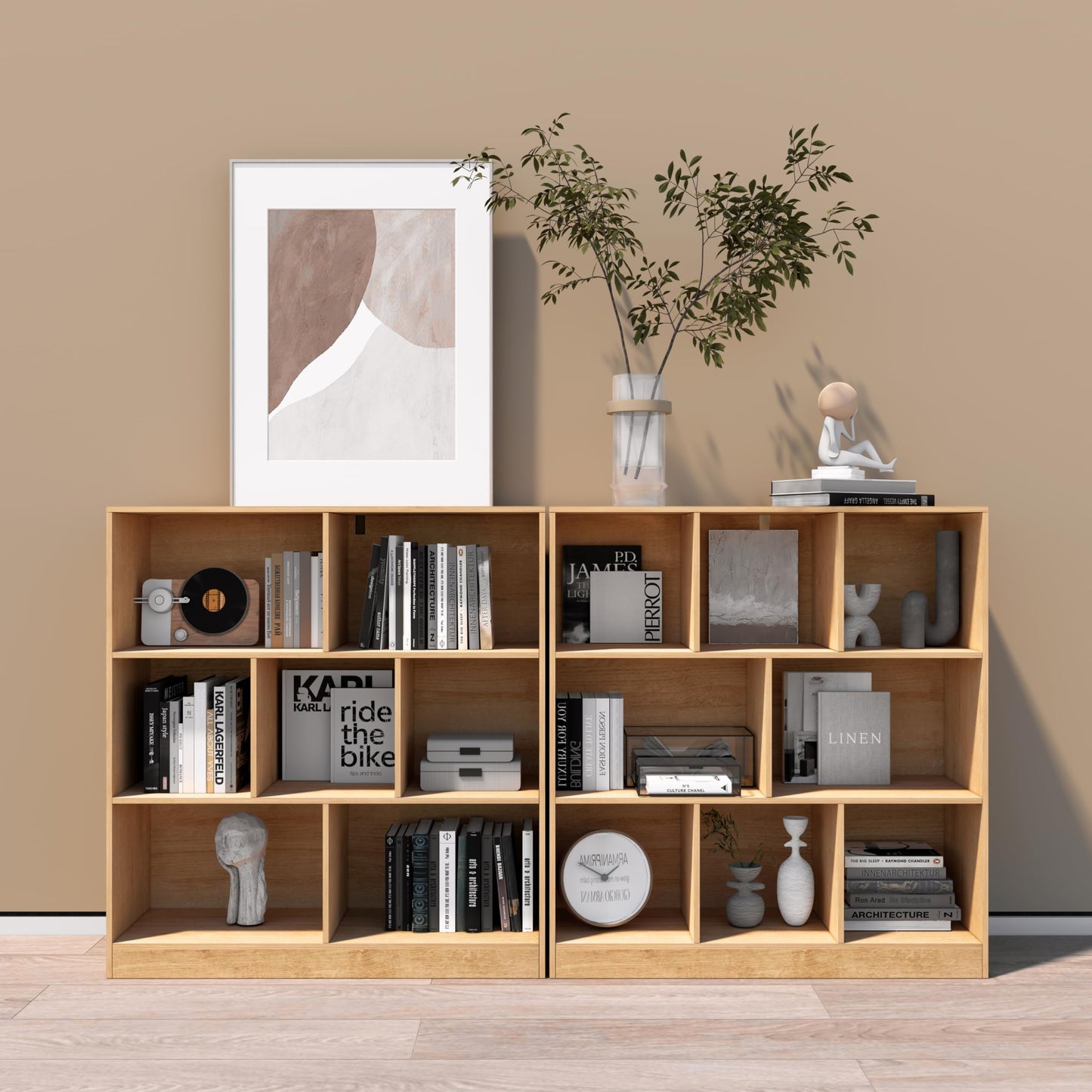 NewBeth 8-Cube Wooden Bookshelf with Base,3-Tier Freestanding Open Storage Organizer,Multi-Functional Bookcase for Living Room,Bedroom,Study and Office (Oak, 8-Cube)