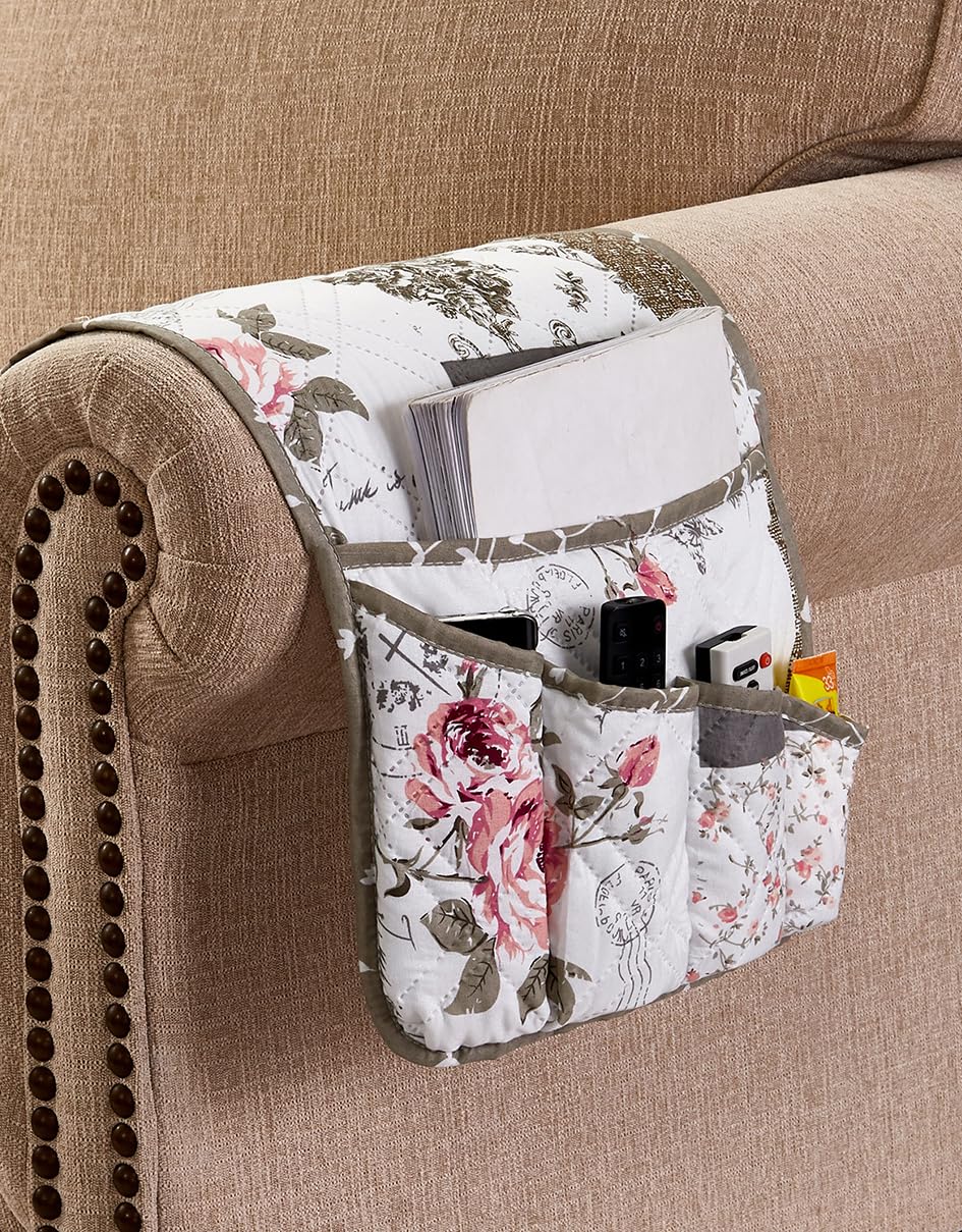 Brilliant Sunshine Pink Rose and Grey Toile Patchwork Couch Armrest Organizer, Non Slip Armchair Caddy for Sofa Recliner, Washable Remote Control Holder, Storage for Magazine, Phone, iPad (35"×13")