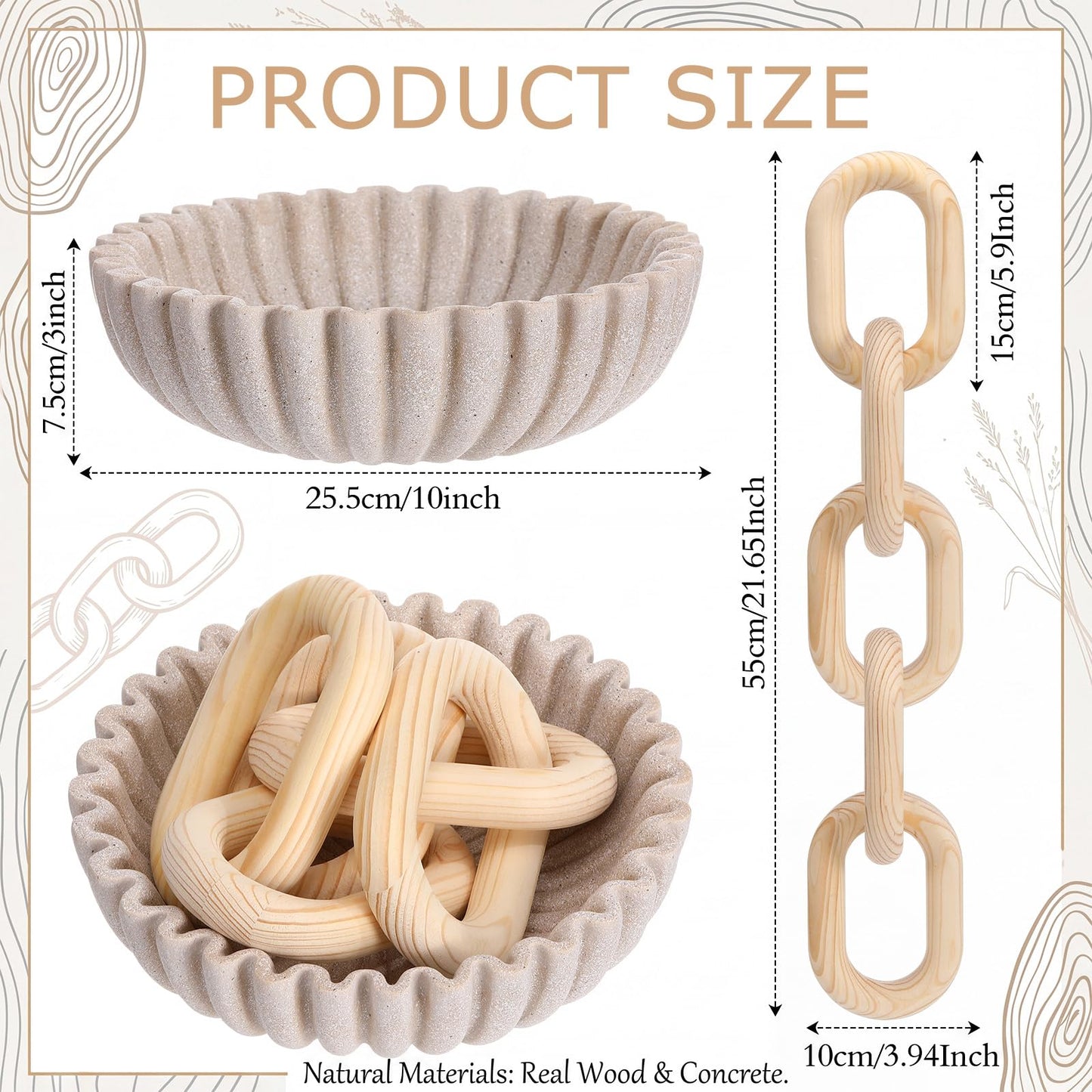 Yiyiring Large Decorative Bowl and Wood Chain Link Set Modern Handicraft Bowl Ruffle Decoration for Farmhouse Home Decor Modern Kitchen Counter Stylish Key Fruit Bowls Entry Table Housewarming Gift