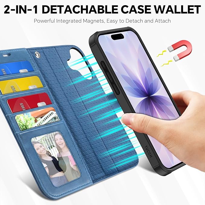 TUCCH Detachable Case Wallet for iPhone 17 (6.3") 2025, Wrist Strap | 4 Card Slots RFID Blocking | Wireless Charging | Stand | 2-in-1 Magnetic | PU Leather | Shockproof Folio Cover | Light Blue