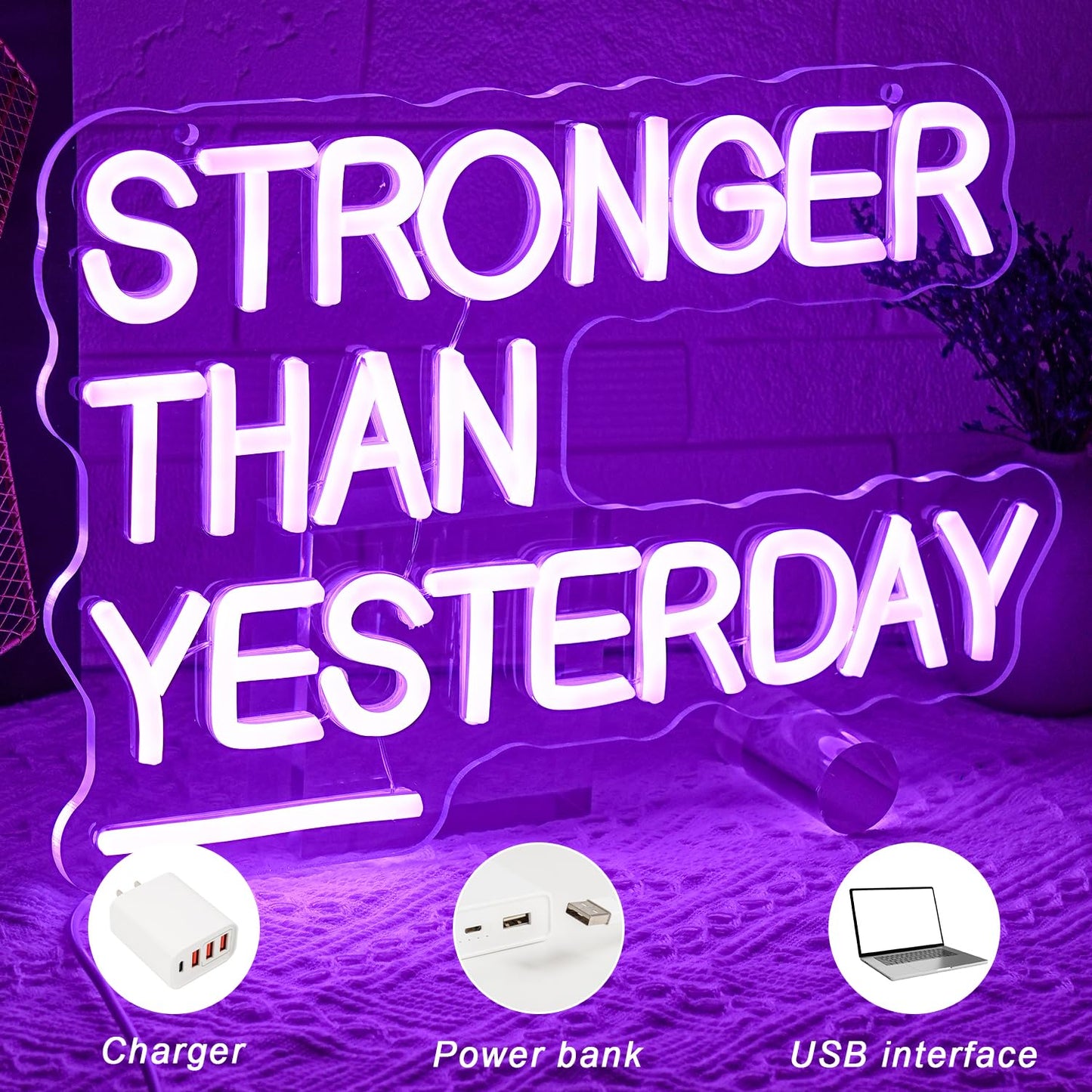Gyaksjm Stronger Than Yesterday Neon Sign for Wall Decor Gym Neon Light Purple Letter Neon light sign Dimmable USB Powered LED Neon Signs for Home Gymmer Fitness Club Classroom
