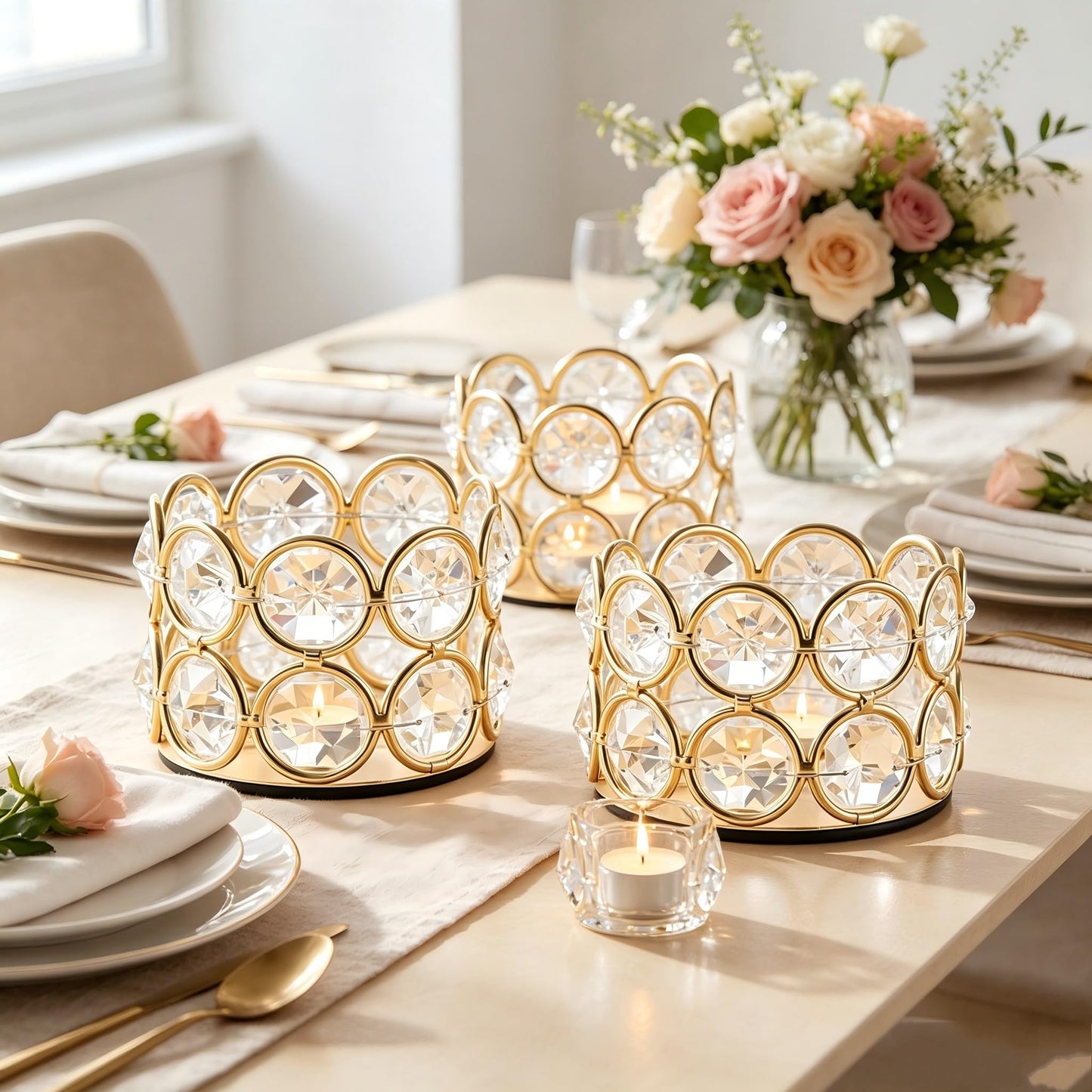 VINCIGANT Pack of 12 Gold Crystal Tea Light Candle Holders for Wedding Home Table Centerpiece Decoration, Valentine's Day Gifts (Candle Excluded)