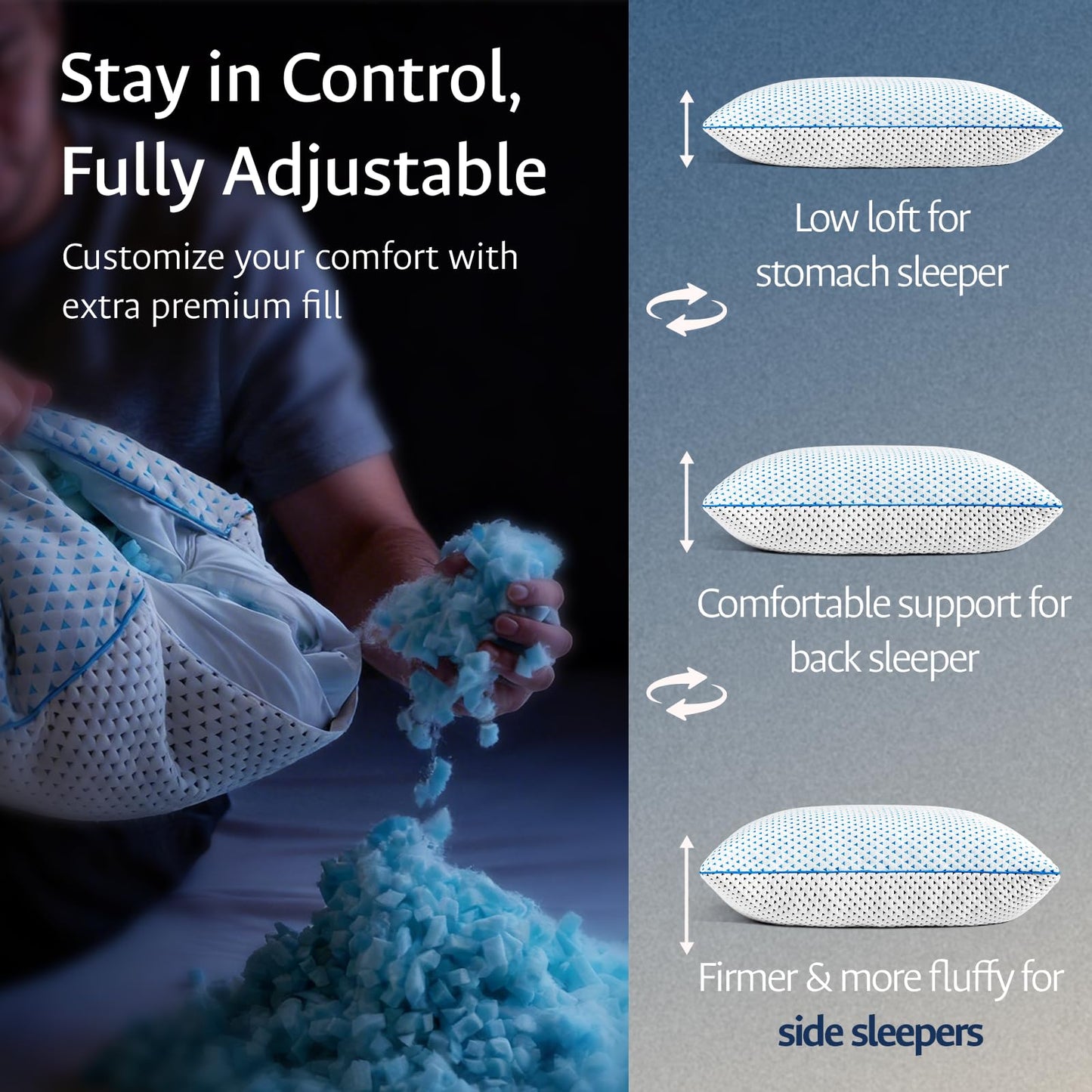 Cooling Gel Memory Foam Pillows Queen Size Set of 2 for Sleeping, Breathable Adjustable Firm Shredded Foam Cool Bed Pillows 2 Pack for Side, Back, Stomach, Hot Sleepers Soft Yet Support, CertiPUR-US