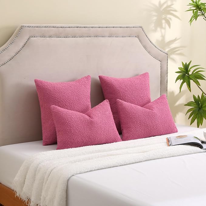 FUTEI Pack of 2 Hot Pink Decorative Throw Pillow Covers 18x18 Inch Soft Cozy Solid Boucle Textured Cushion Case,Modern Home Decor for Couch Bed Living Room