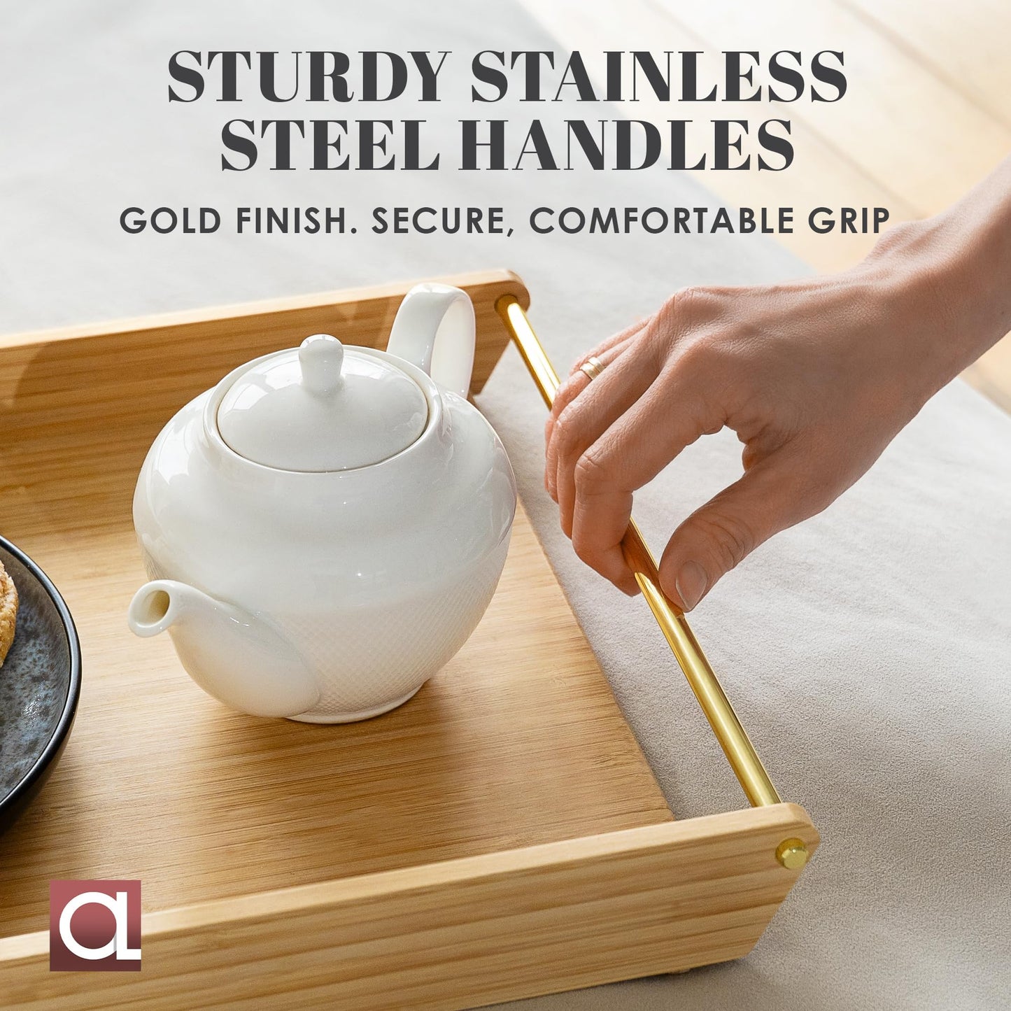 Bamboo Serving Tray with Gold Stainless Steel Handles, 16.5" x 11.2" Premium Decorative Ottoman Tray, Coffee Table Tray, Bed Tray for Breakfast in Bed, Living Room Decor