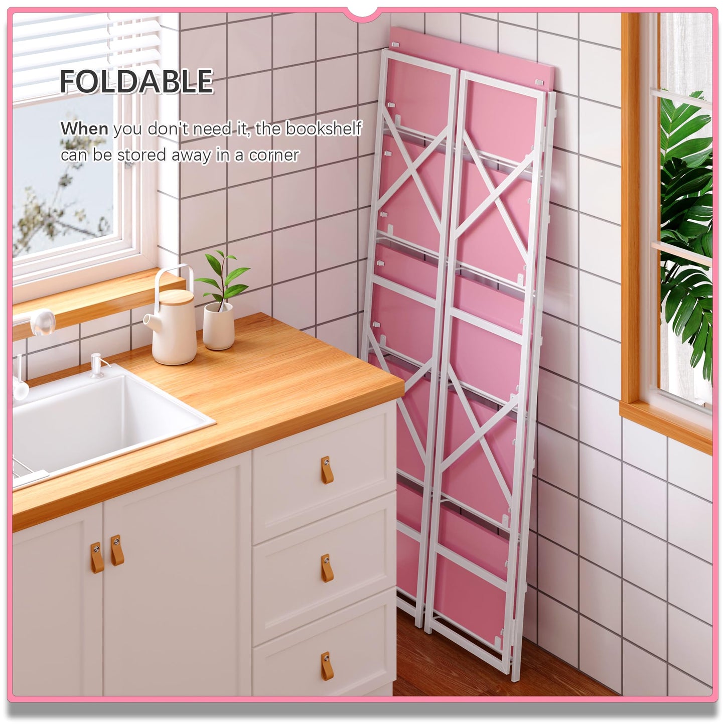 4NM 5 Tiers No Assembly Book Shelves, 51.2" H Folding Bookshelf Bookcase Open Industrial Foldable Shelves for Bedroom, Living Room, Home Office - Pink White