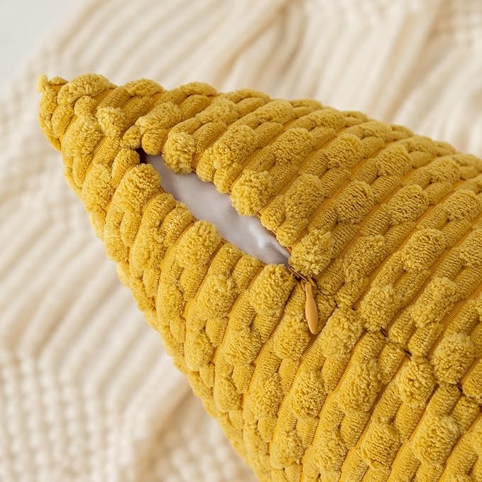 Kevin Textile Throw Pillow Covers Soft Corduroy Decorative Set of 2 Boho Striped Pillow Covers Pillowcases Farmhouse Home Decor for Couch Bed Sofa Living Room 22x22 Inch Mustard Yellow