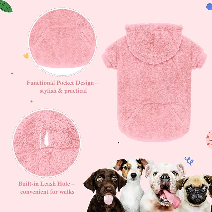Dog Sweaters,Dog Hoodie,Warm Fuzzy Fleece Sweatshirt with Hood & Pocket,Leash Hole,Cozy Cold Weather Pet Clothes Pet Sweater for Small,Medium,and Large Dogs(Pink,M)