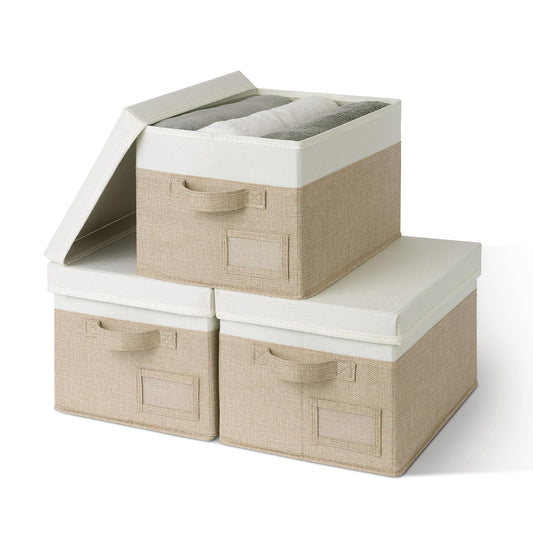 GRANNY SAYS Storage Basket with Lid, Linen Fabric Storage Bins with Label, Decorative Storage Boxes, Clothes Storage and Organization, Memory Keepsake Box, 3-Pack, Medium, Khaki&Ivory