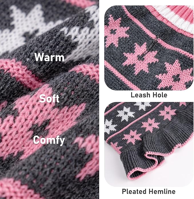 KYEESE Dog Sweater for Small Dogs Fall Winter Dogs Clothes Warm Pet Coats Pullover Knit Pullover for Girl Pet Sweater with Classic Snowflake Pattern Dog Sweater Dress with Leash Hole, Grey, X-Small